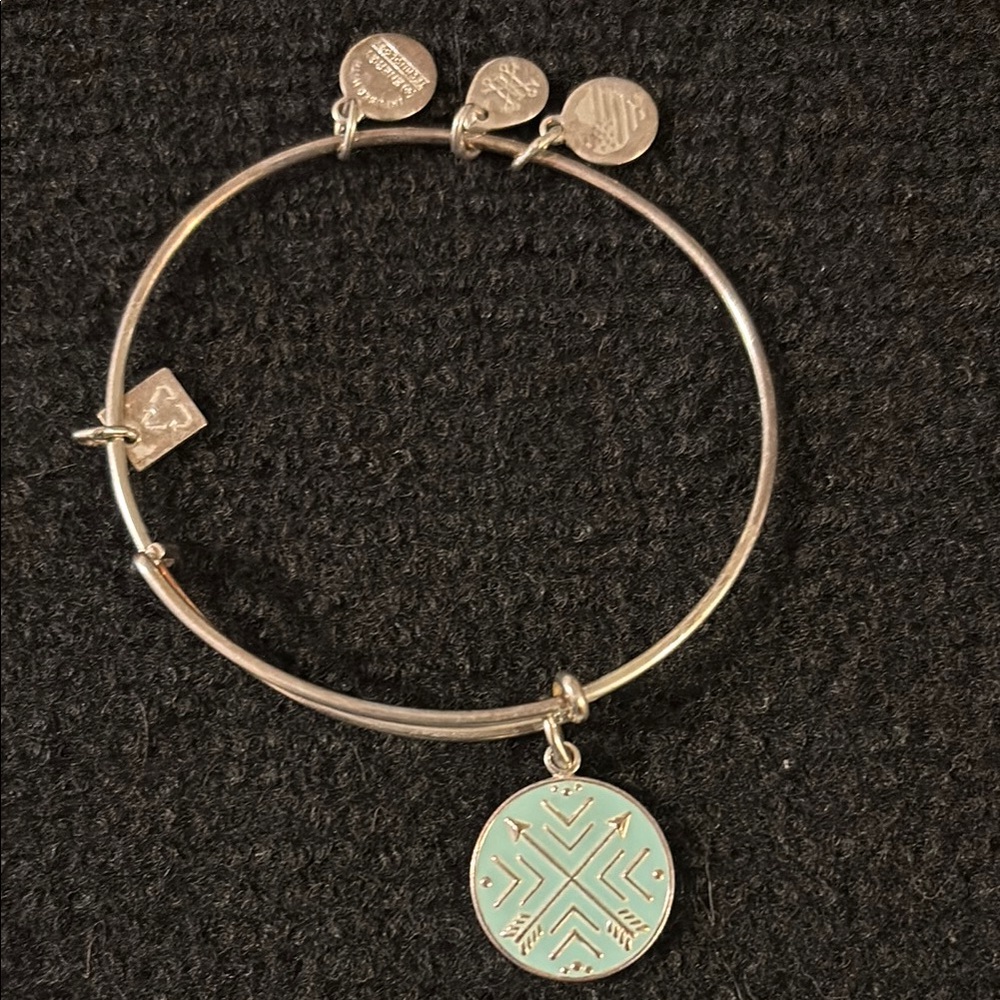 Alex and Ani Silver Tone Bangle Bracelet with Teal Arrows Charm